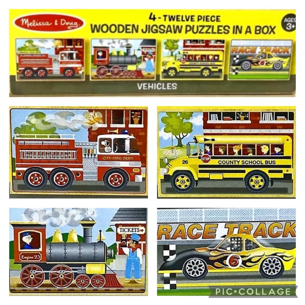 Melissa & Doug Vehicles 4 in 1 Wooden Puzzles Set Storage Box 48 Pieces Autos